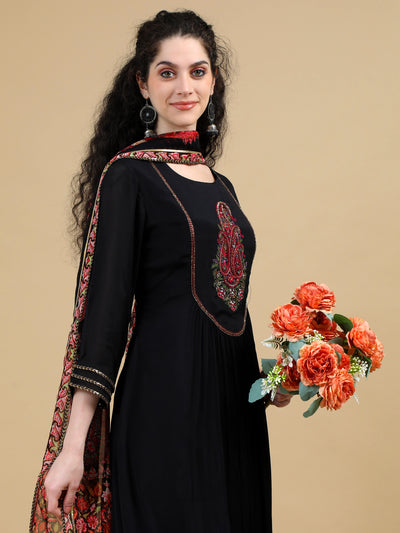 Black Kurta Suit with Paisley Embroidered Yoke and Contrasting Dupatta