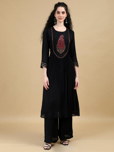 Black Kurta Suit with Paisley Embroidered Yoke and Contrasting Dupatta