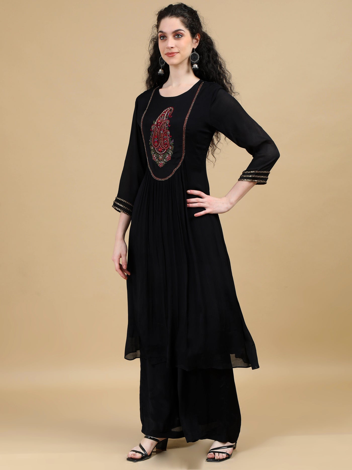 Black Kurta Suit with Paisley Embroidered Yoke and Contrasting Dupatta