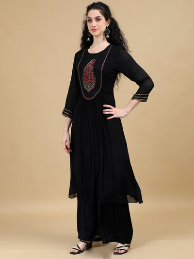 Black Kurta Suit with Paisley Embroidered Yoke and Contrasting Dupatta