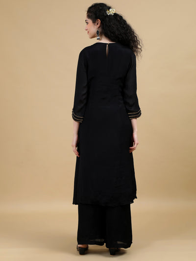 Black Kurta Suit with Paisley Embroidered Yoke and Contrasting Dupatta