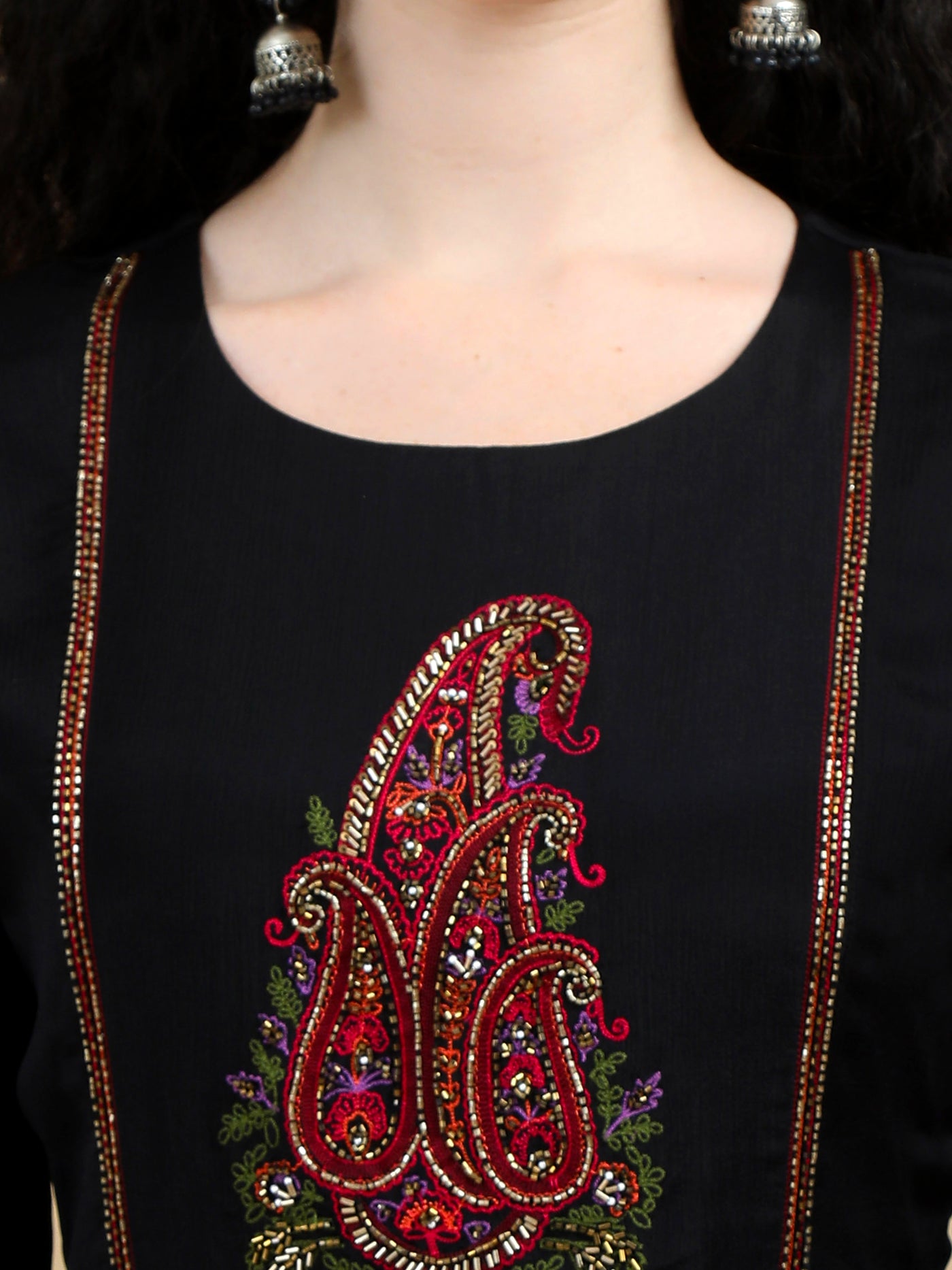 Black Kurta Suit with Paisley Embroidered Yoke and Contrasting Dupatta