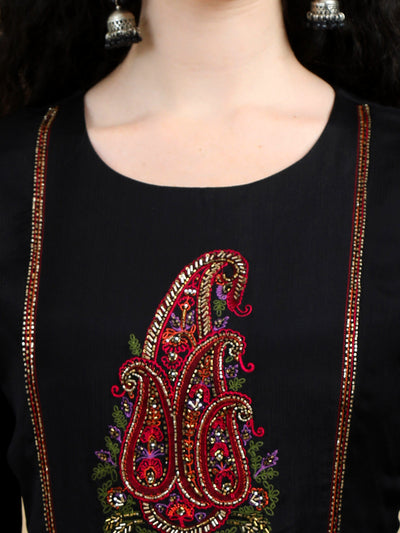 Black Kurta Suit with Paisley Embroidered Yoke and Contrasting Dupatta