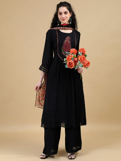 Black Kurta Suit with Paisley Embroidered Yoke and Contrasting Dupatta