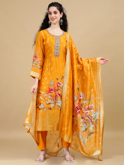 Mustard Floral Embroidered Kurta Set with Zari Accents and Printed Dupatta