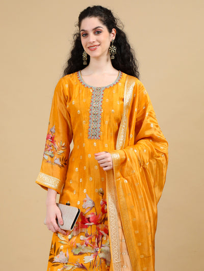 Mustard Floral Embroidered Kurta Set with Zari Accents and Printed Dupatta