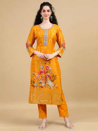 Mustard Floral Embroidered Kurta Set with Zari Accents and Printed Dupatta