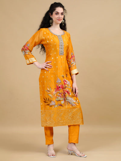 Mustard Floral Embroidered Kurta Set with Zari Accents and Printed Dupatta