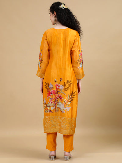 Mustard Floral Embroidered Kurta Set with Zari Accents and Printed Dupatta