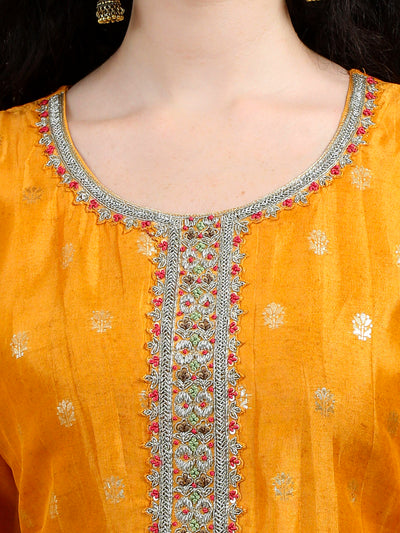 Mustard Floral Embroidered Kurta Set with Zari Accents and Printed Dupatta