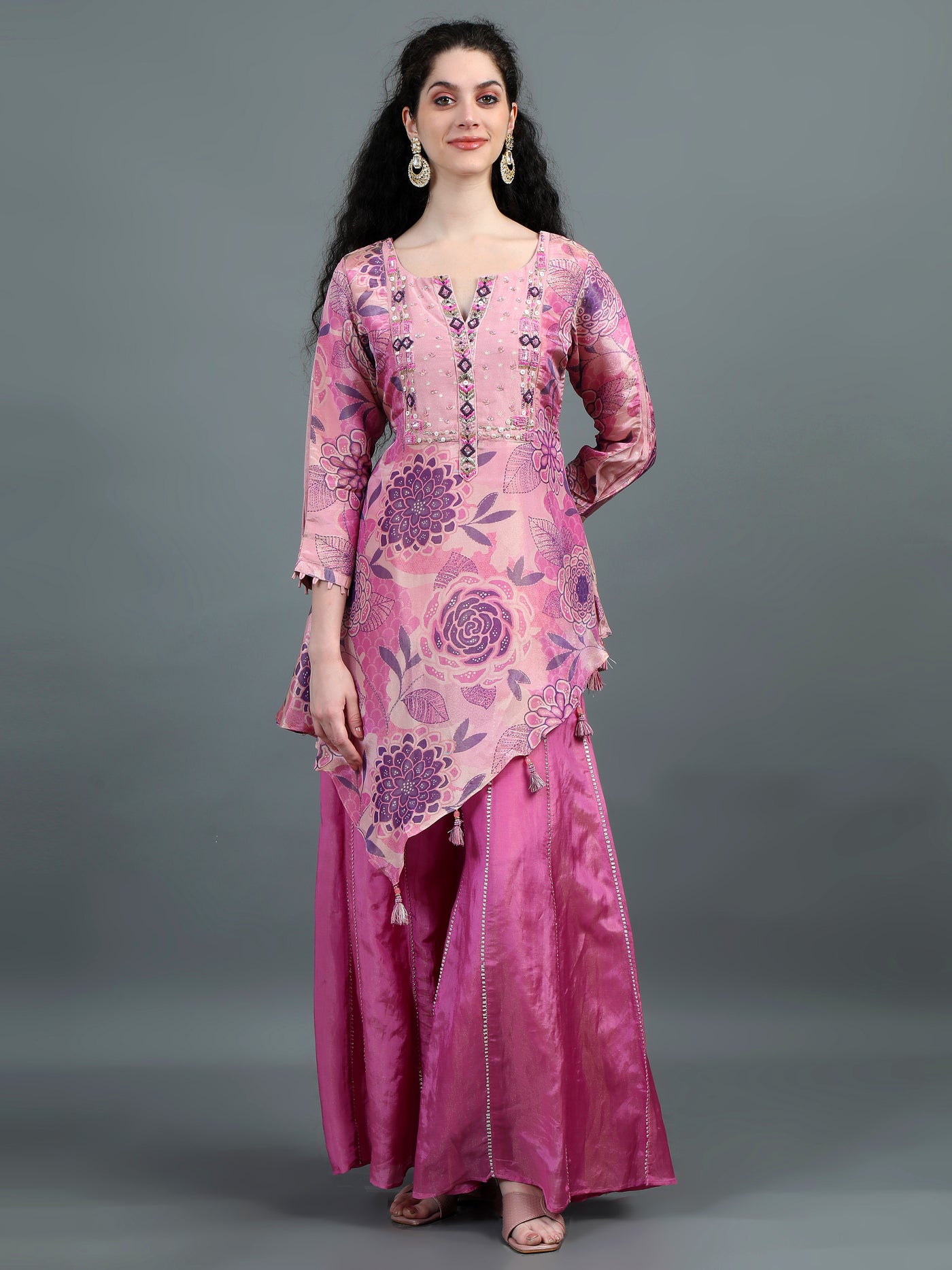 Charming Pink Floral Embroidered Sharara Set with Tassel Accents