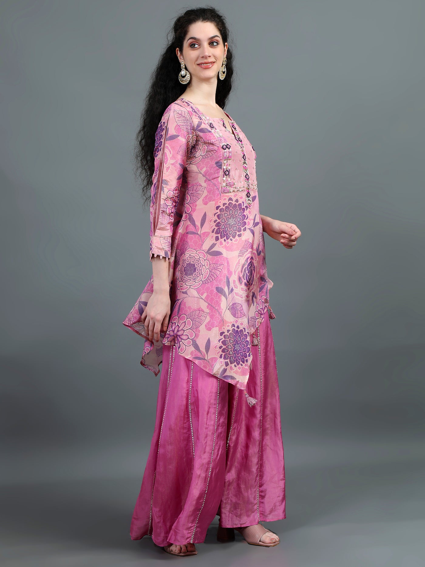 Charming Pink Floral Embroidered Sharara Set with Tassel Accents