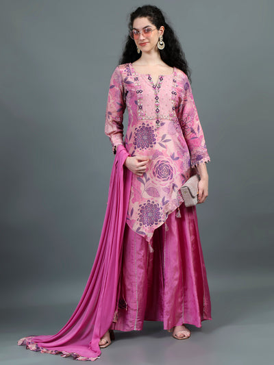 Charming Pink Floral Embroidered Sharara Set with Tassel Accents