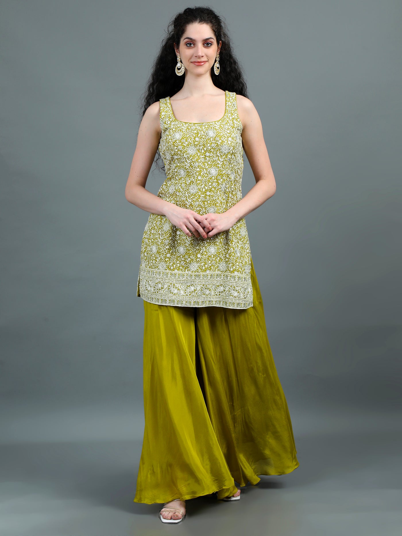 Olive Green Embroidered Sharara Set with Tassel-Tie Back