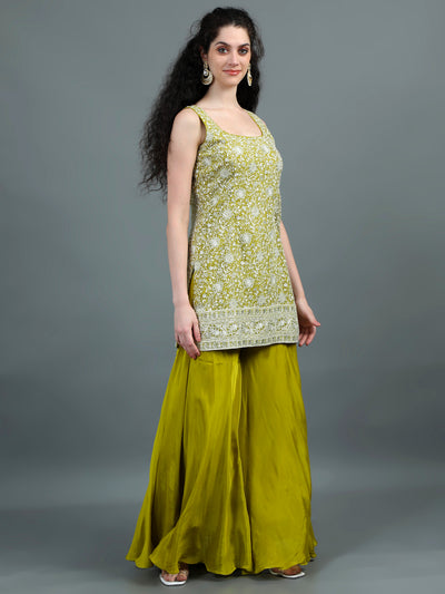 Olive Green Embroidered Sharara Set with Tassel-Tie Back