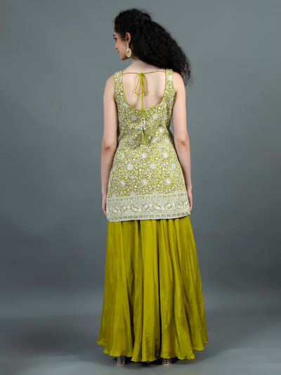 Olive Green Embroidered Sharara Set with Tassel-Tie Back