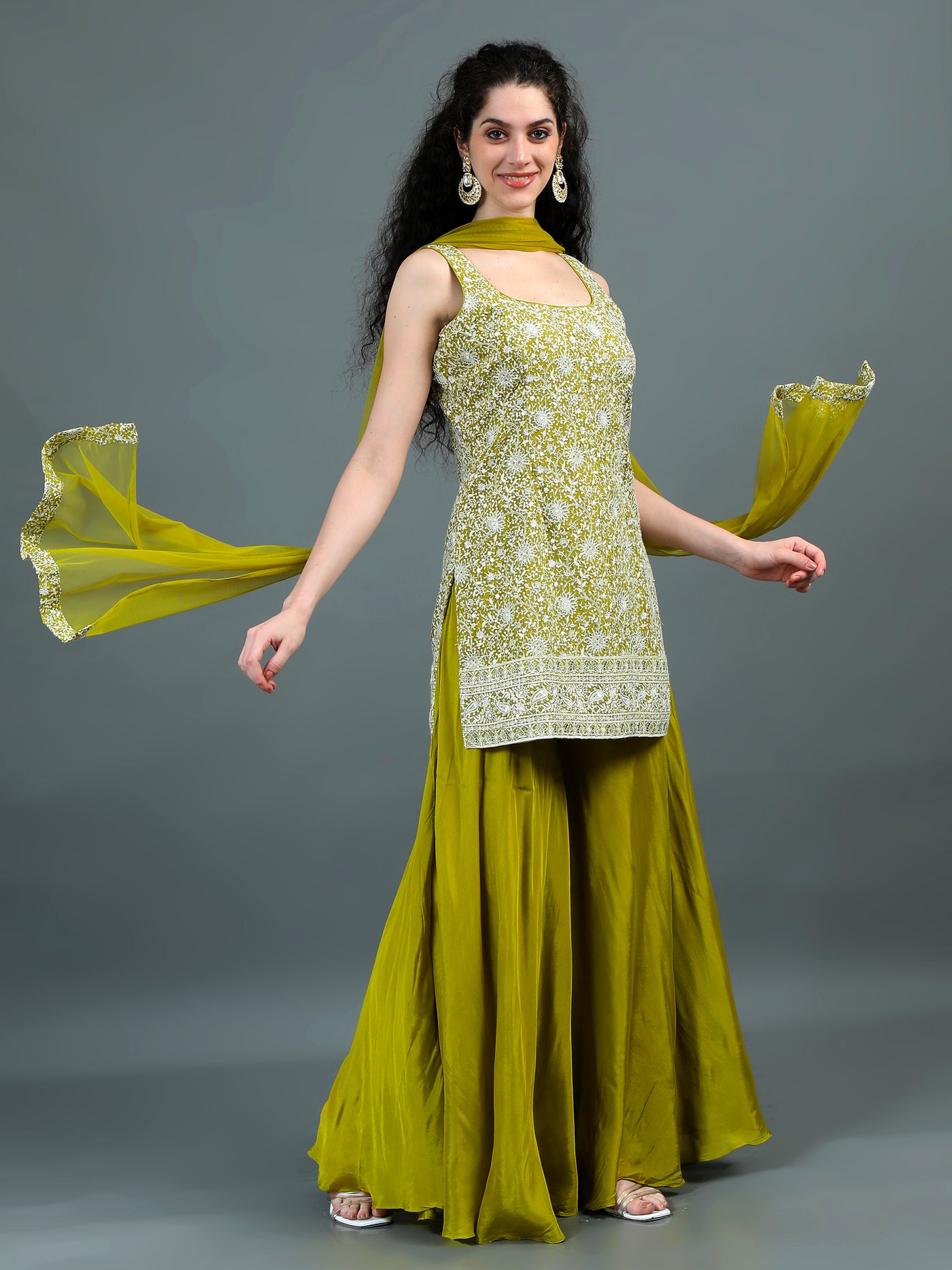 Olive Green Embroidered Sharara Set with Tassel-Tie Back