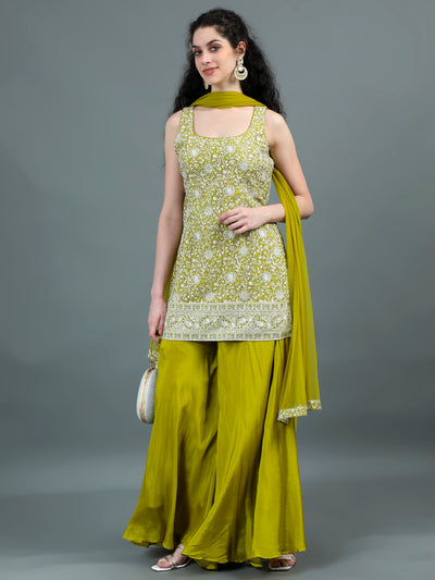 Olive Green Embroidered Sharara Set with Tassel-Tie Back