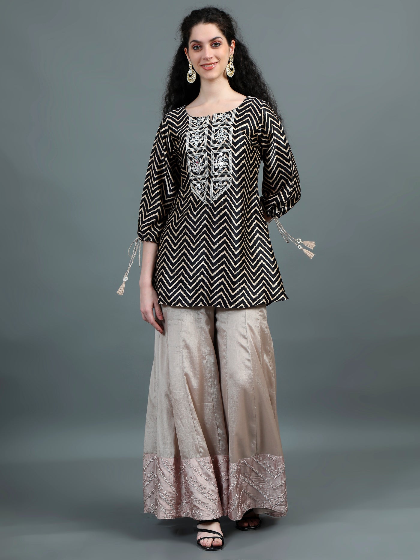 Black & Beige Zigzag Embroidered Sharara Set