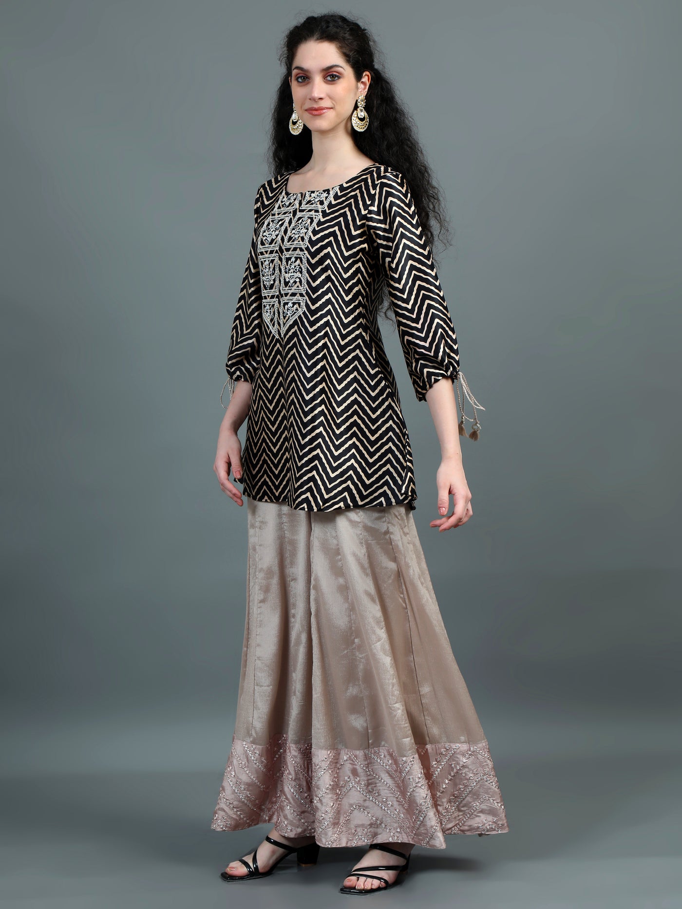 Black & Beige Zigzag Embroidered Sharara Set