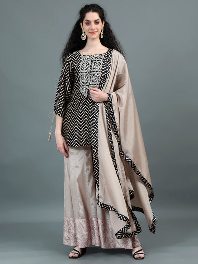 Black & Beige Zigzag Embroidered Sharara Set