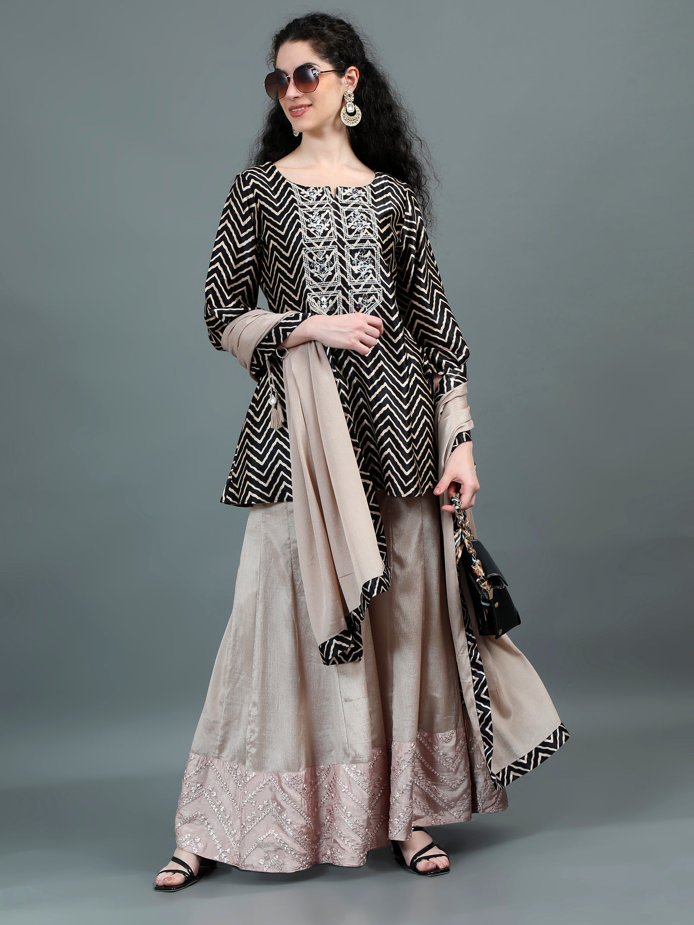 Black & Beige Zigzag Embroidered Sharara Set