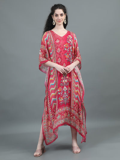 Tomato Pink Mirror-Embellished Floral Kaftan