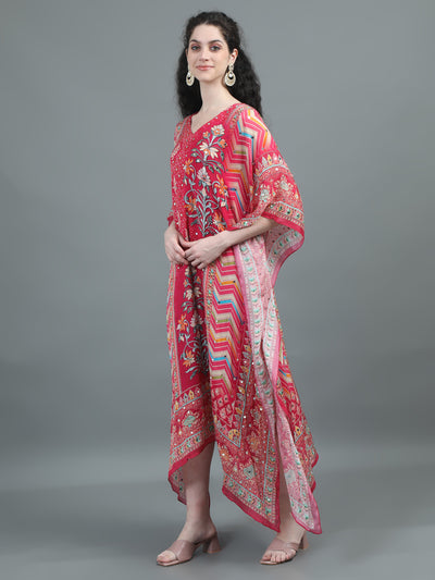 Tomato Pink Mirror-Embellished Floral Kaftan