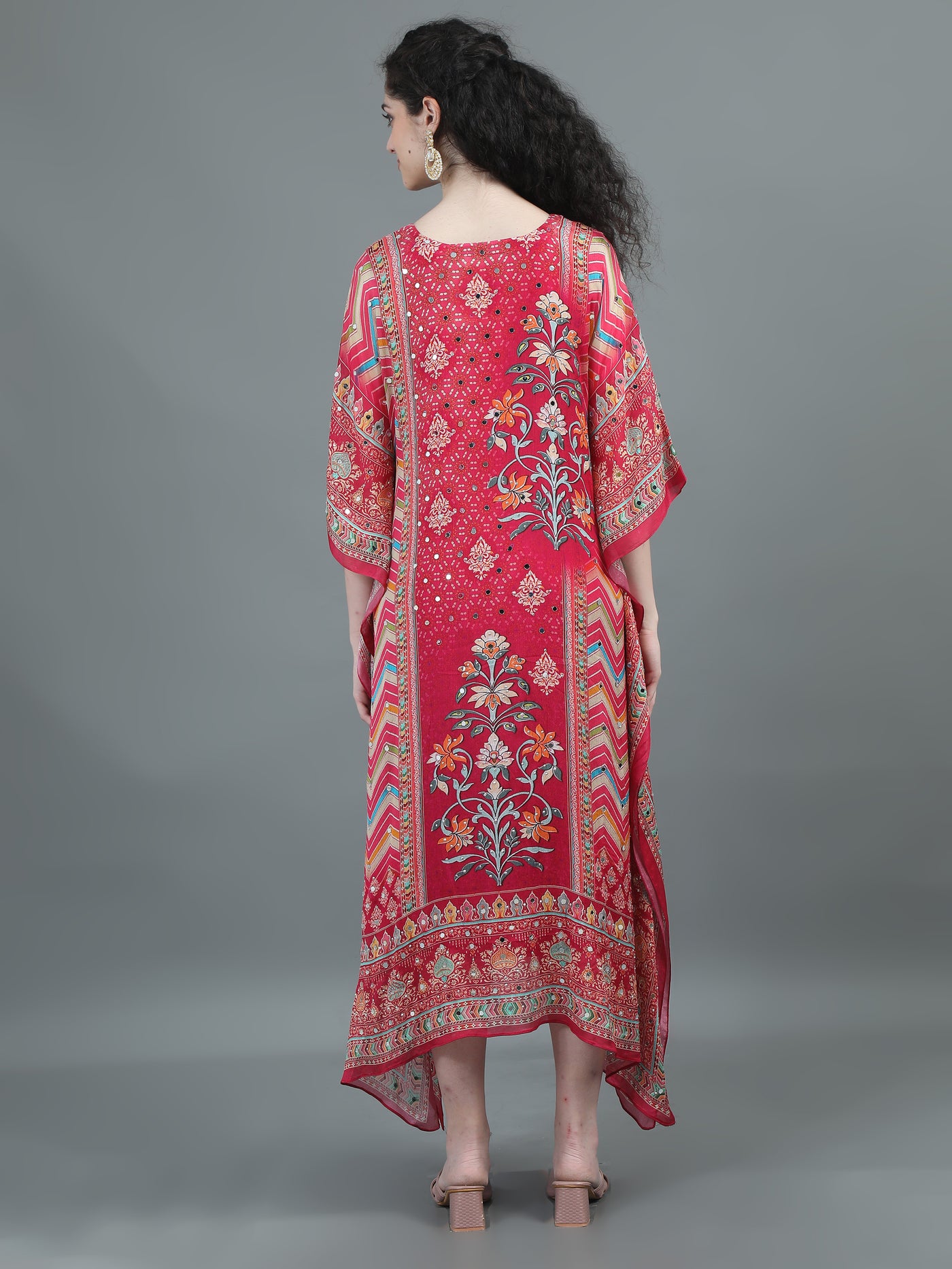 Tomato Pink Mirror-Embellished Floral Kaftan