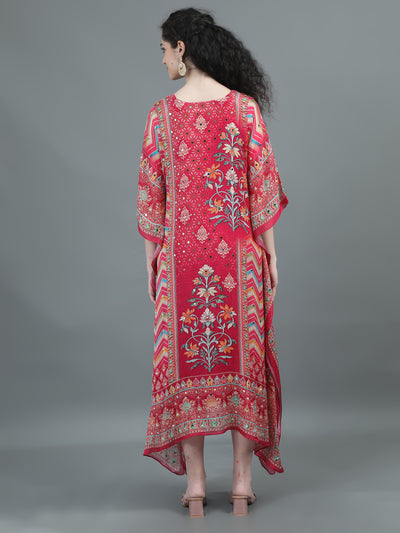 Tomato Pink Mirror-Embellished Floral Kaftan