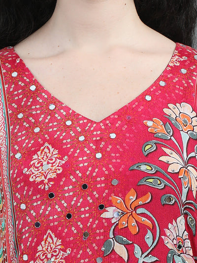 Tomato Pink Mirror-Embellished Floral Kaftan