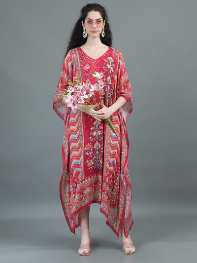 Tomato Pink Mirror-Embellished Floral Kaftan