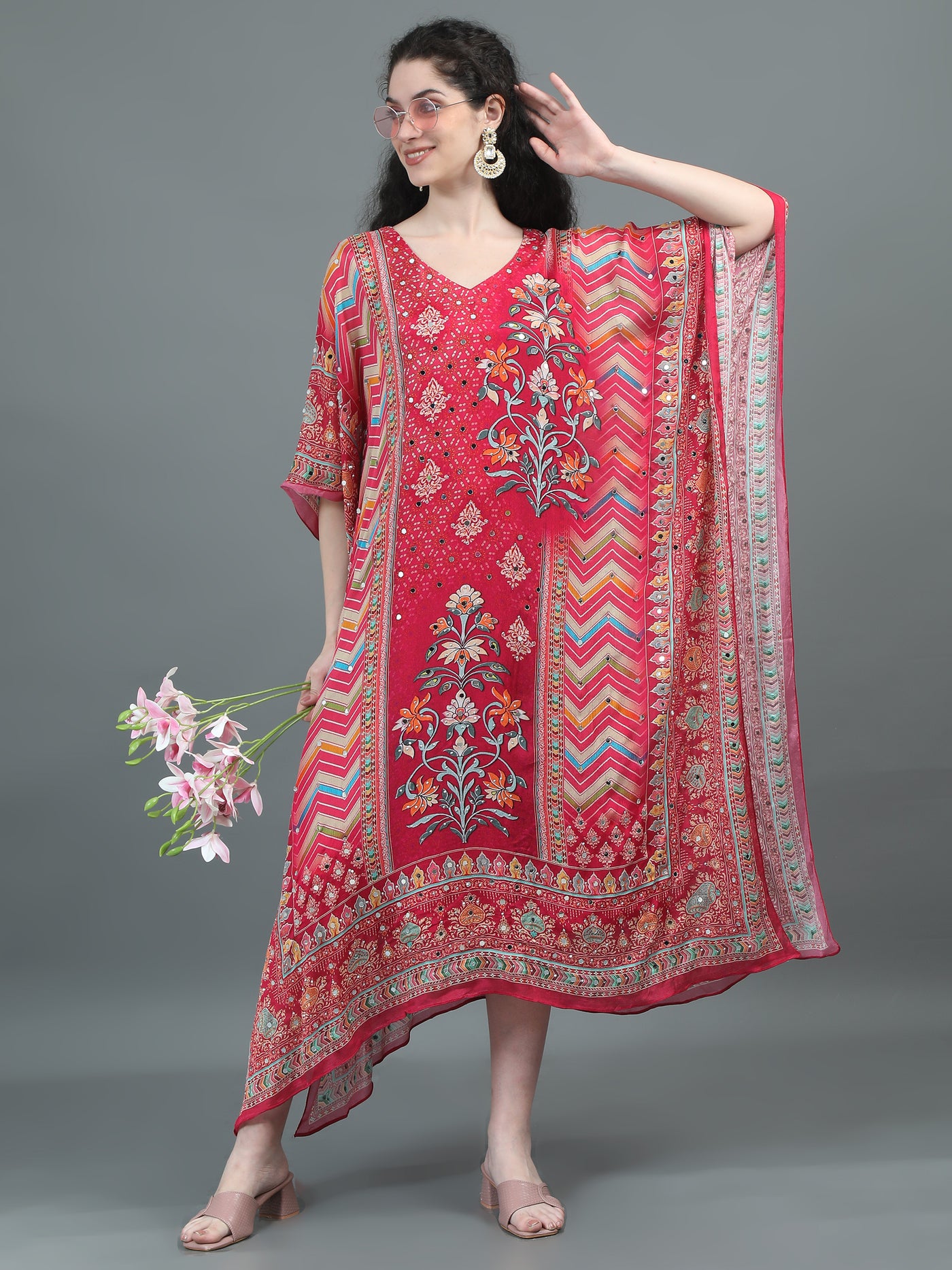 Tomato Pink Mirror-Embellished Floral Kaftan