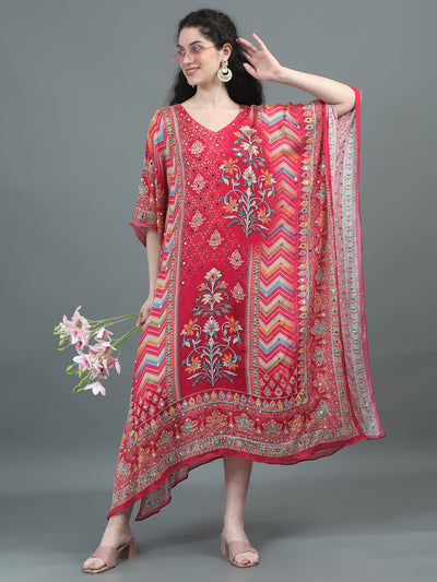 Tomato Pink Mirror-Embellished Floral Kaftan
