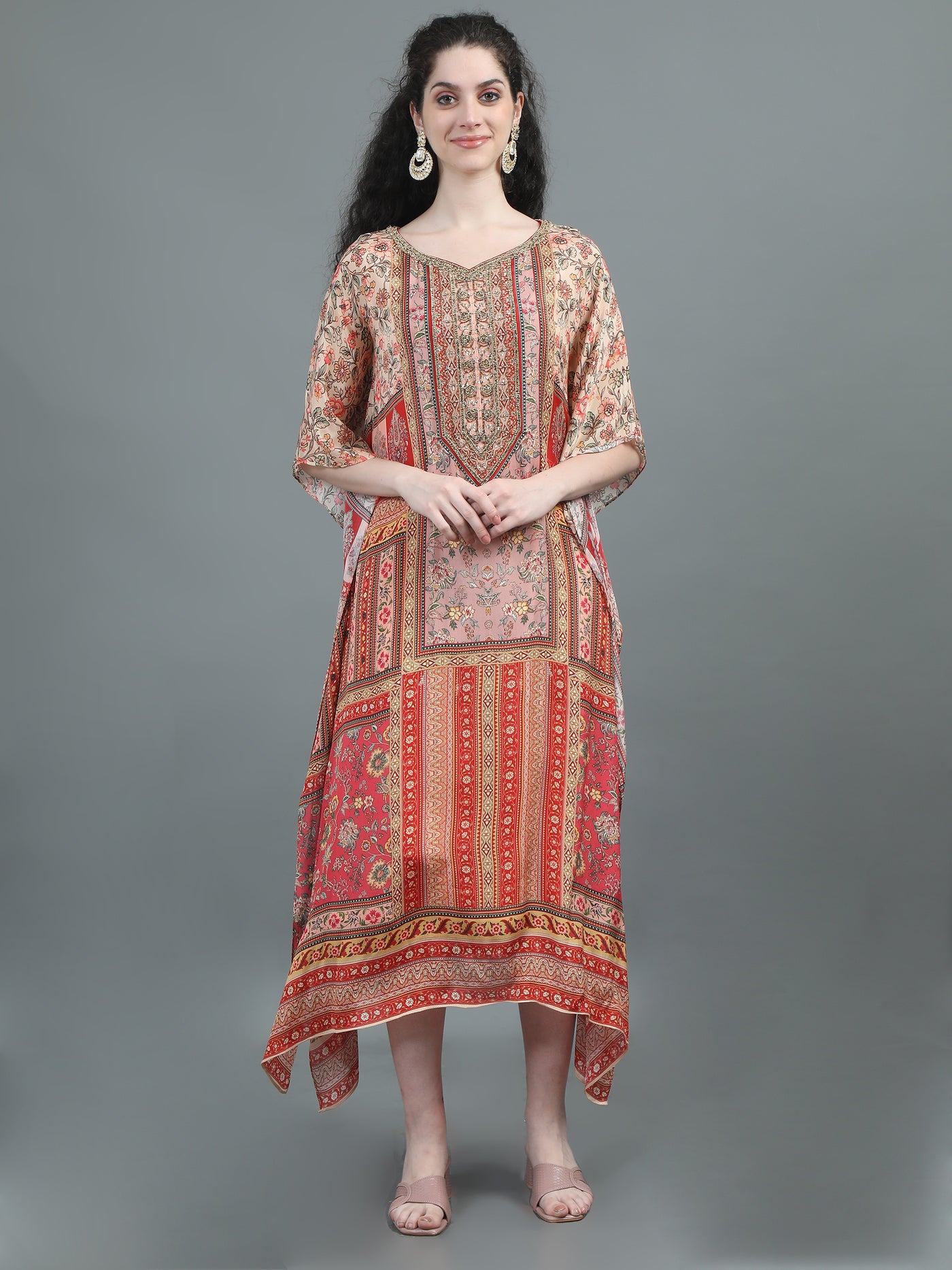 Peach Floral Printed Kaftan with Artistic Patterns