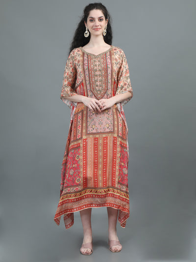Peach Floral Printed Kaftan with Artistic Patterns