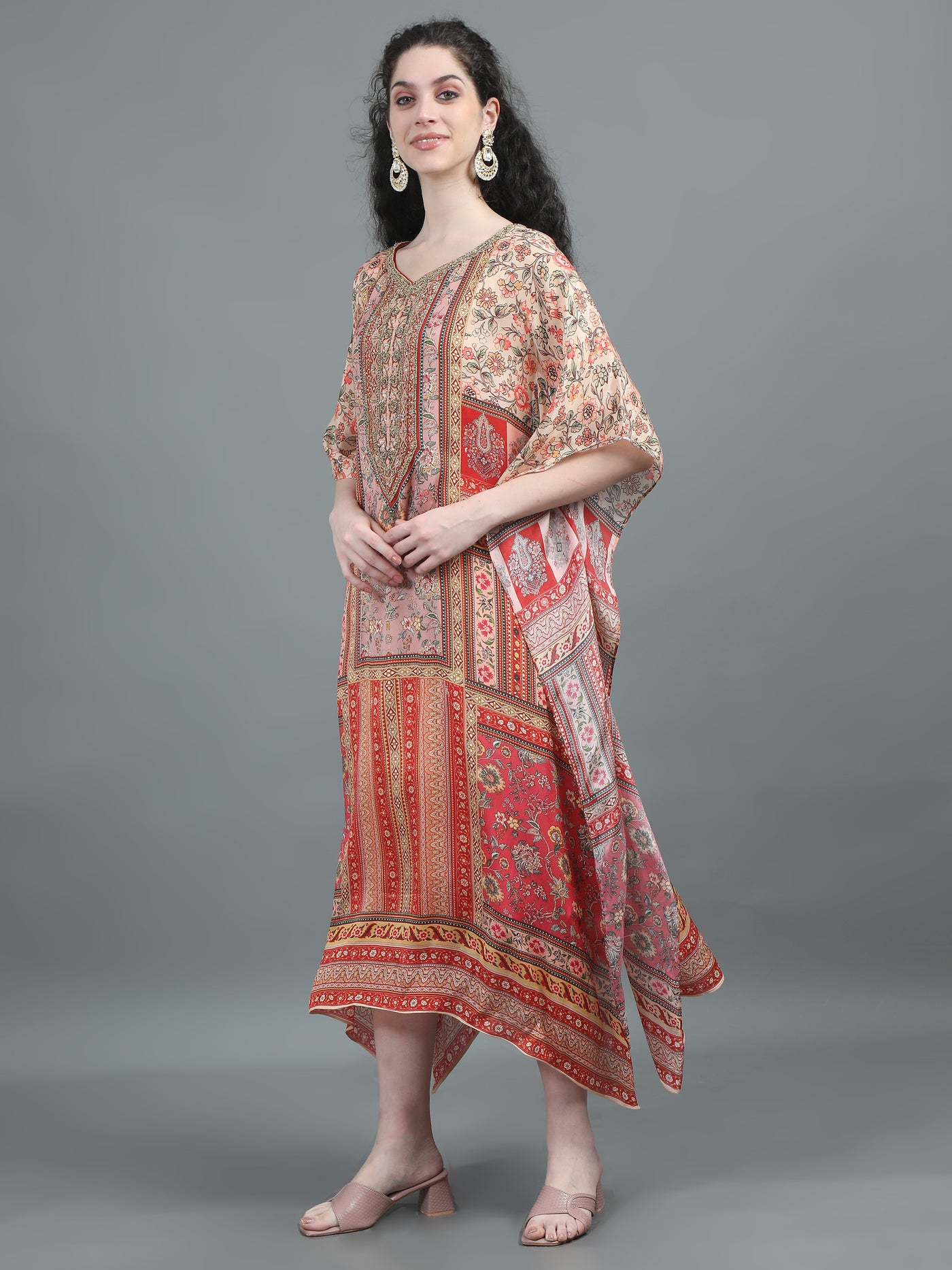 Peach Floral Printed Kaftan with Artistic Patterns