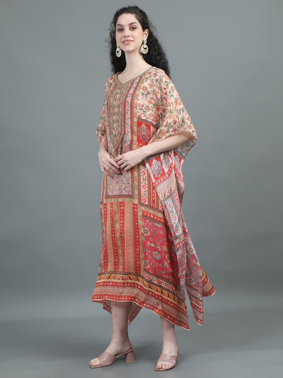 Peach Floral Printed Kaftan with Artistic Patterns