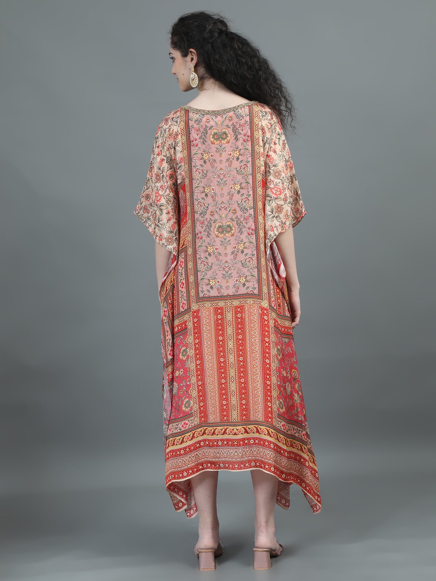 Peach Floral Printed Kaftan with Artistic Patterns