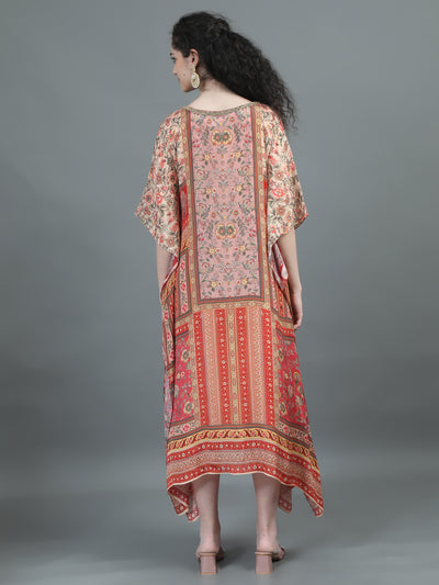 Peach Floral Printed Kaftan with Artistic Patterns