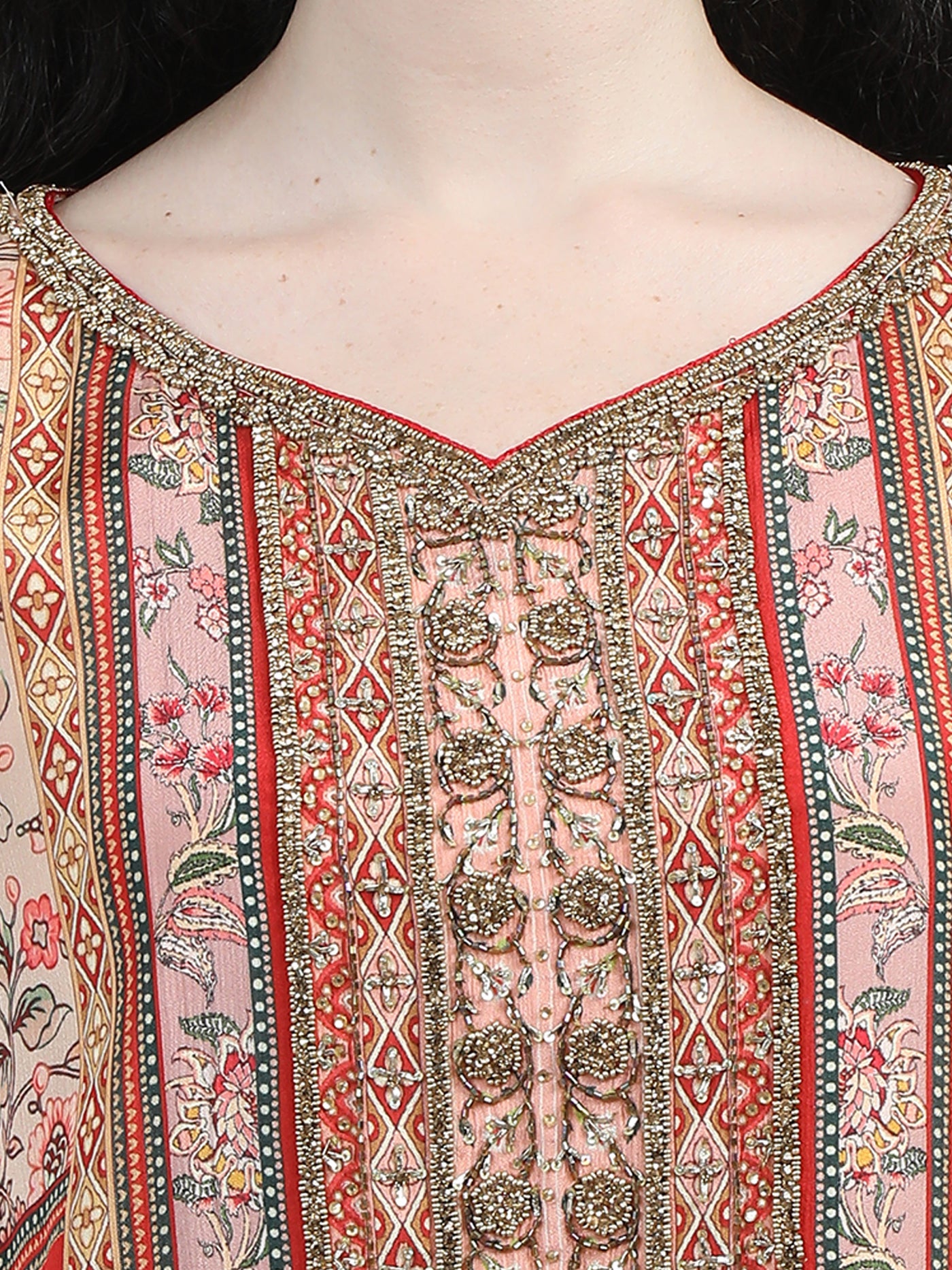 Peach Floral Printed Kaftan with Artistic Patterns