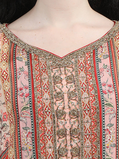 Peach Floral Printed Kaftan with Artistic Patterns