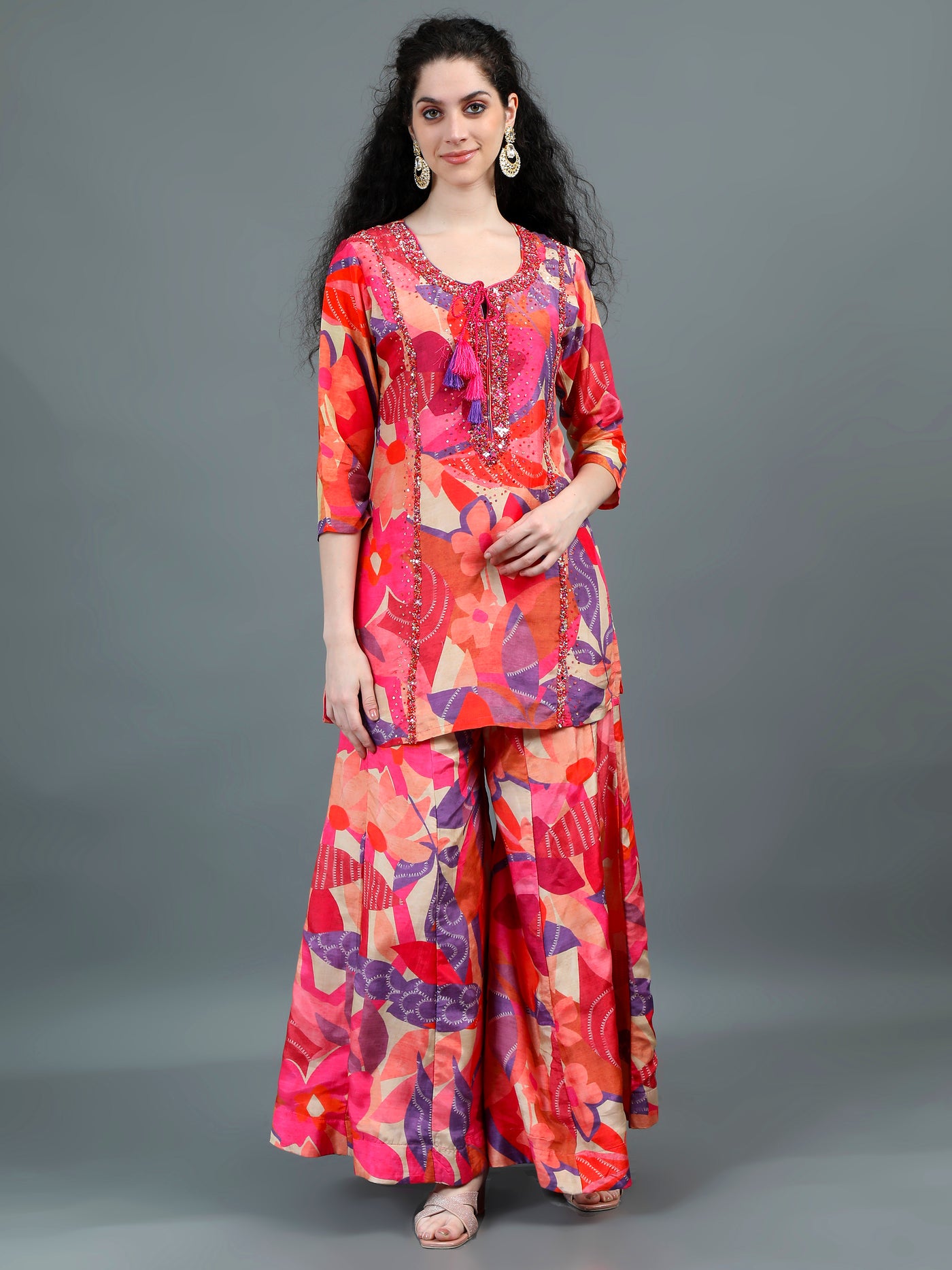 Vibrant Multicolor Floral Print Sharara Set with Embellished Yoke