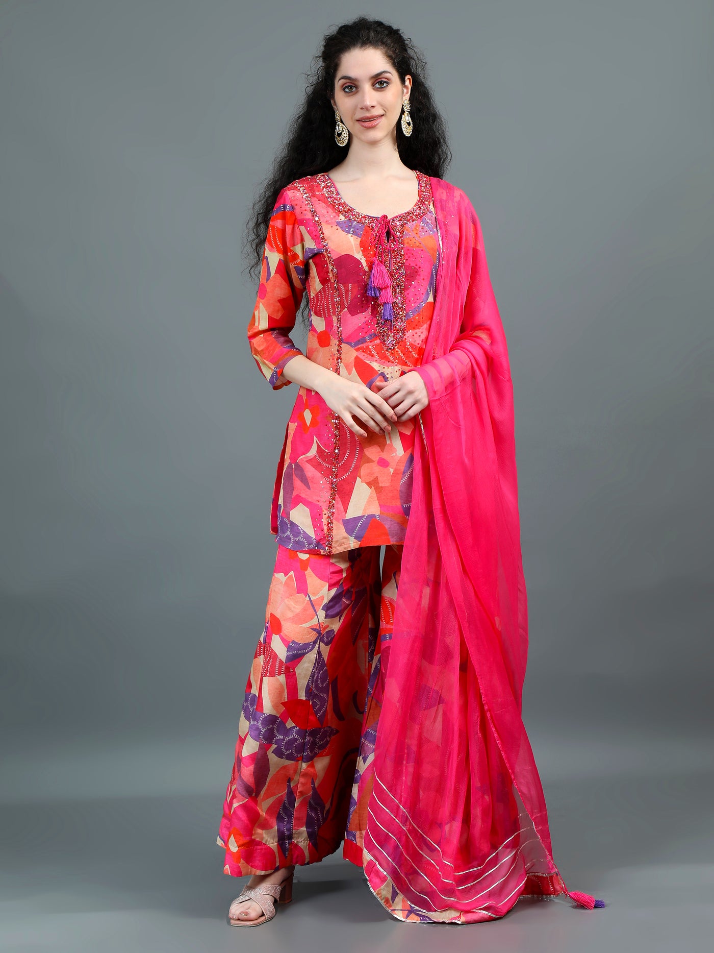 Vibrant Multicolor Floral Print Sharara Set with Embellished Yoke