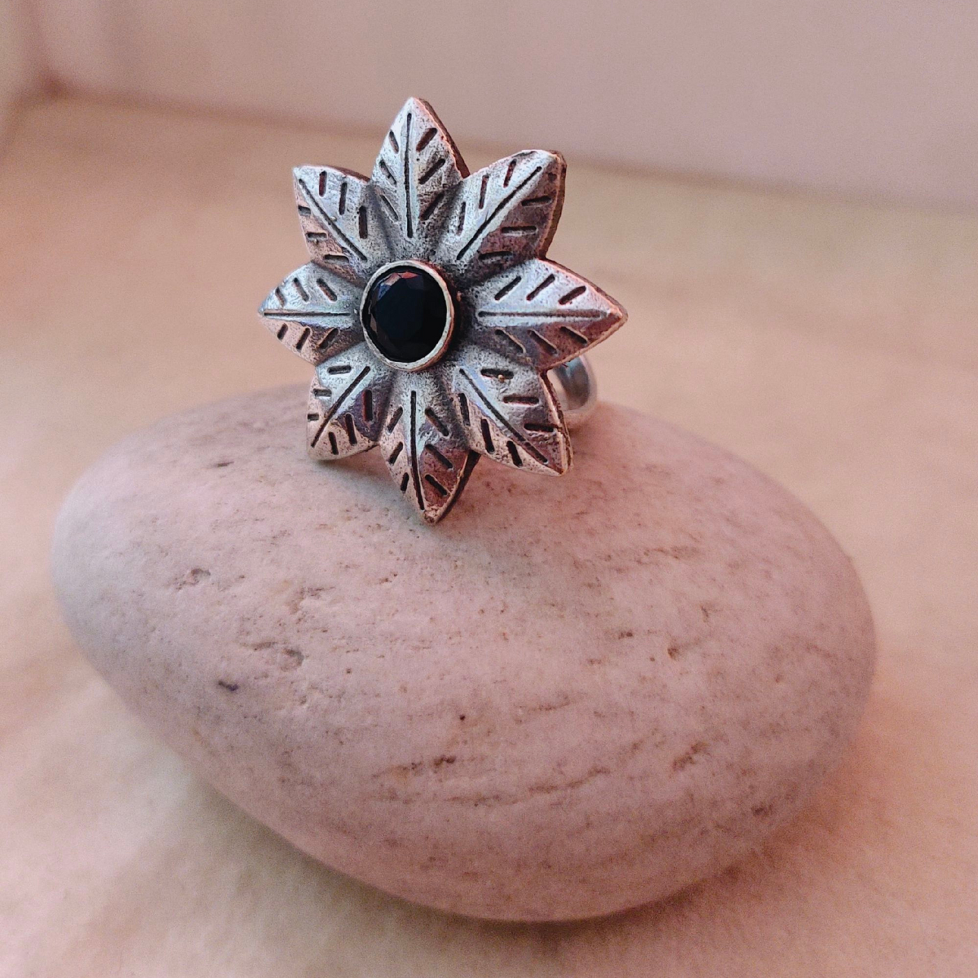 Floral Oxidized Silver look alike Ring with Stones