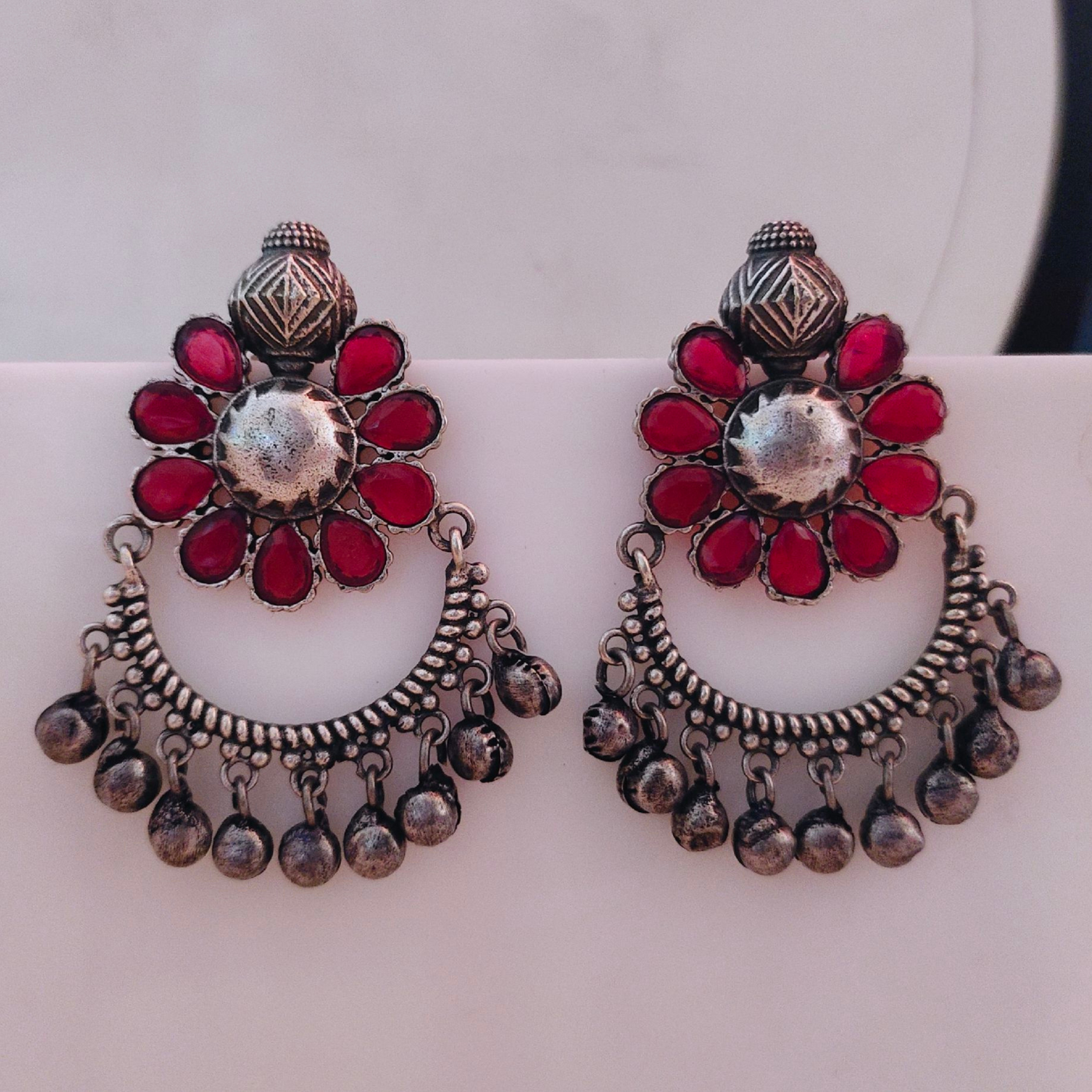 Exquisite Oxidized Silver alike Floral Chandbali Earrings with Colourful Stones