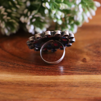 Floral Dual Tone Oxidized Silver Alike stone Ring