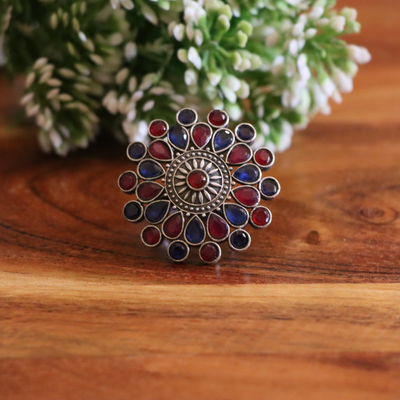 Floral Dual Tone Oxidized Silver Alike stone Ring