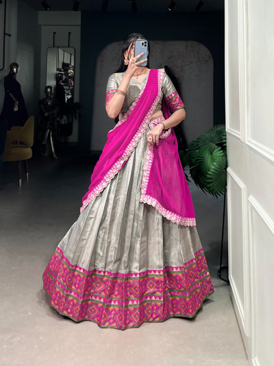 Silver Kanjivaram Jacquard Silk Half Saree Lehenga