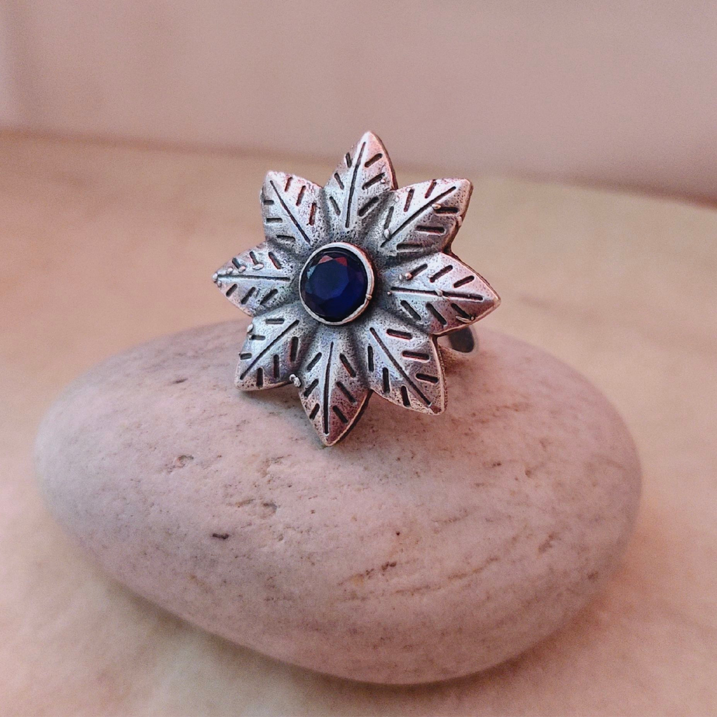 Floral Oxidized Silver look alike Ring with Stones